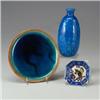 Image 1 : Three pieces of glazed pottery: a LACHENAL bottle-shaped vase covered in a turquoise volcanic gla...