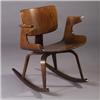 Image 1 : Bentwood birch rocker with cut-out arms, trapezoidal back and bent plywood legs. Unmarked. 30" x...