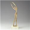 Image 1 : Modern bronze sculpture of dancing nude on white marble base. Cryptic signature. Overall: 22 3/4"...