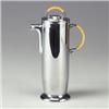 Image 1 : MANNING-BOWMAN cylindrical chrome cocktail shaker with footed base and rattan-wrapped half-circle...
