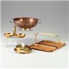 Image 1 : Four copper serving pieces; three by CHASE: a candy dish with glass liner, brass lid and bakelite...