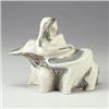 Image 1 : Terra cotta abstract sculpture of a woman riding an aardvark with incised decoration, teal accent...