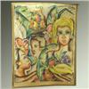 Image 1 : Color print on brown cotton fabric, "Bali" of tropical scene of women with fruit. Unsigned. Label...
