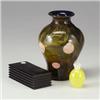 Image 1 : Three assorted glass pieces: one yellow vase by ARCHIMEDE SEGUSO, one black FOSTORIA Art Deco lid...