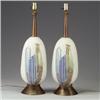 Image 1 : Pair of ceramic table lamps with city motif in lavender and olive on off-white ground. Unmarked....