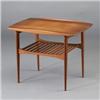 Image 1 : FINN JUHL teak coffee table with tray top, rib stretchers and slatted lower shelf on tapering dow...