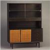 Image 1 : Walnut china cabinet with two sliding glass doors over two drawers (one fitted for silverware), w...