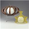 Image 1 : Two modern hanging light fixtures, one with yellow-painted "birdcage" housing and hanging chain,...
