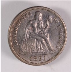 1891 SEATED DIME, XF/AU