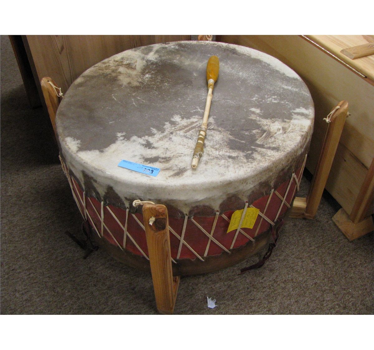 buffalo hide floor drum with two stands 15" high by 30" diameter