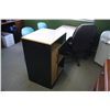 Image 1 : MAPLE / BLACK CORNER DESK WITH 2 DRAWER LATERAL FILE CABINET, 2 CLIENT CHAIRS AND OFFICE CHAIR