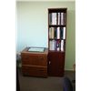 Image 3 : MAPLE / BLACK CORNER DESK WITH 2 DRAWER LATERAL FILE CABINET, 2 CLIENT CHAIRS AND OFFICE CHAIR