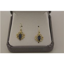 14KT. YELLOW GOLD NATURAL BLUE SAPPHIRE PIERCED EARRINGS MADE IN AN ANTIQUE