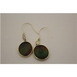 PAIR OF 14KT. YELLOW GOLD NATURAL AMMOLITE AND WHITE SAPPHIRE EARRINGS.