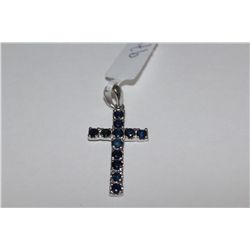 ONE STERLING SILVER NATURAL BLUE SAPPHIRE CROSS PENDANT. MEASURES 32X18MM. 12 BLUE SAPPHIRES