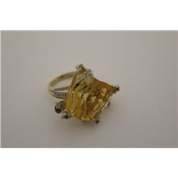 ONE 14KT YELLOW GOLD NATURAL CITRINE QUARTZ AND DIAMOND SET COCKTAIL STYLE LADIES DRESS RING.