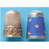 Image 1 : A 2-colour gold thimble, together with a blue guilloche enamel thimble decorated with pink rosebu...
