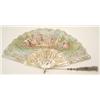 Image 1 : A fan having pierced, gilded mother o'pearl sticks and guards, the leaf painted with 18th century...