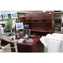CHERRY INLAYED BOW FRONT EXECUTIVE DESK WITH MATCHING CREDENZA AND HUTCH