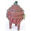 Image 1 : A red lacquer tripod globular censer with mas...