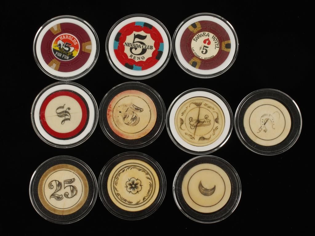 (7) Old West Ivory Hand Scrimshawed Poker Chips