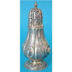 A 19th century Continental parcel gilt silver pear shaped sugar caster with pierced domed lid, th...