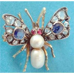 A small Victorian gold insect brooch, the abdomen and thorax formed from 2 pearls, the eyes caboc...
