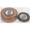 Image 1 : A late George III burr maple and tortoiseshell mounted circular box with inset oval silhouette, p...