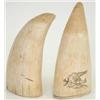 Image 1 : A whale's tooth Scrimshaw, circa 1820, engraved with bird, caduceus and trumpet crest, 5.5ins. an...
