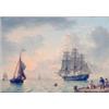 Image 1 : John Ward of Hull (1798-1849) Oil on panel A man o'war and sailing ships off a jetty, with three...