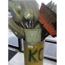 BARREL OF ASSORTED SHOVELS