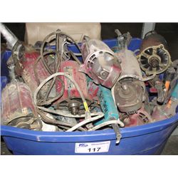 BIG BLUE RUBBER STORAGE TOTE FILLED WITH ASSORTED POWER TOOLS FOR PARTS OR REPAIR