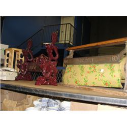 SHELF LOT OF ASSORTED ITEMS; CASH REGISTER, GIFT WRAP DISPENSOR, PHONE, ETC