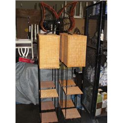 4 METAL AND WICKER DISPLAY SHELVES AND A WINE RACK