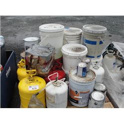PALLET LOT OF CLEANERS, LUBRICANTS, METAL JERRY CANS, ETC