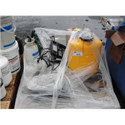 PALLET LOT OF MISC ITEMS; PRESSURE SPRAY TANKS, WILDFIRE BACKPACK, ETC