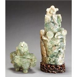 Two Chinese Green Quartz Covered Censers...