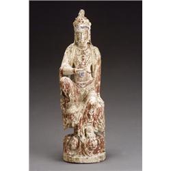 Chinese Parcel Rouge and Blue Painted Gessoed Wood Figure of Guanyin...