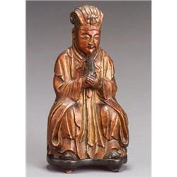 Chinese Rouge Lacquered Giltwood Figure of a Seated Official Holding an Audience Tablet...