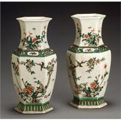 Pair of Chinese 'Famille Verte' Crackle Glazed Ground Hexagonal Yen-Yen Vases...