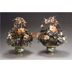 Pair of Chinese Hardstone Flowering Plants in CloisonnÄ Enamel JardiniÅres...