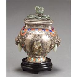 Tibetan Semi-Precious Stone Mounted Embossed Silver Covered Urn...