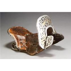 Tibetan Parcel Gilt and Silver Chased Metal Mounted Wood Saddle...