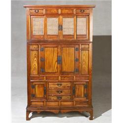 Korean Iron Mounted Elmwood and Fruitwood Two-Part Side Cabinet...