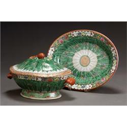 Chinese Export Pseudo 'Cabbage Leaf' Pattern Covered Tureen and Oval Platter...