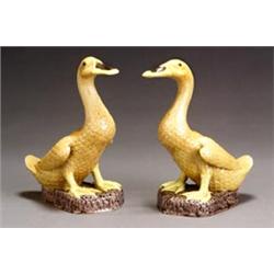 Pair of Chinese Export Straw and Aubergine Glaze Biscuit Figures of Ducks...