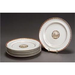 Set of Nine Chinese Export Sepia-Decorated Plates...