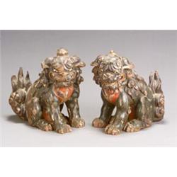 Pair of Japanese Decorated Lacquered Wood Temple Guardian Lions (Koma Inu)...