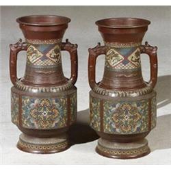 Pair of Japanese CloisonnÄ Enamel and Bronze Floor Vases...