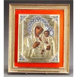 Russian Gilt Silver Plate and Enameled Icon of the Mother of God...